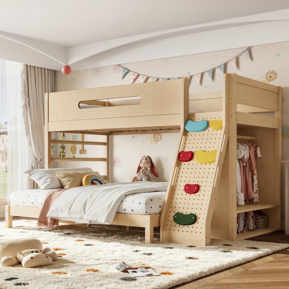 English Elm Twin Xl Over Queen Bunk Bed Pine Wood Frame Rock Climbing Ladder Wardrobe Storage Natural W5305S00140