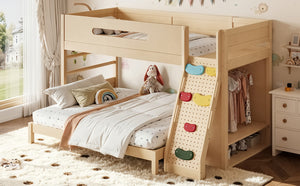 English Elm Twin Xl Over Queen Bunk Bed Pine Wood Frame Rock Climbing Ladder Wardrobe Storage Natural W5305S00140