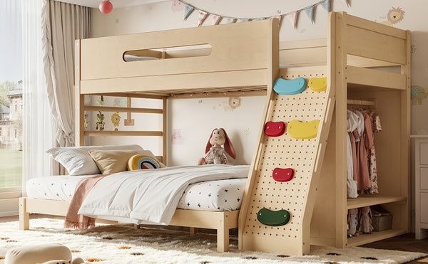 English Elm Twin Xl Over Queen Bunk Bed Pine Wood Frame Rock Climbing Ladder Wardrobe Storage Natural W5305S00140