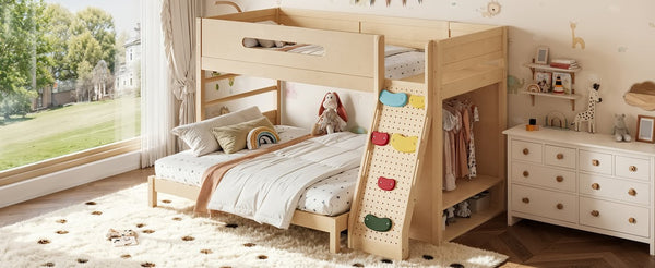 English Elm Twin Xl Over Queen Bunk Bed Pine Wood Frame Rock Climbing Ladder Wardrobe Storage Natural W5305S00140
