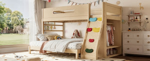English Elm Twin Xl Over Queen Bunk Bed Pine Wood Frame Rock Climbing Ladder Wardrobe Storage Natural W5305S00140