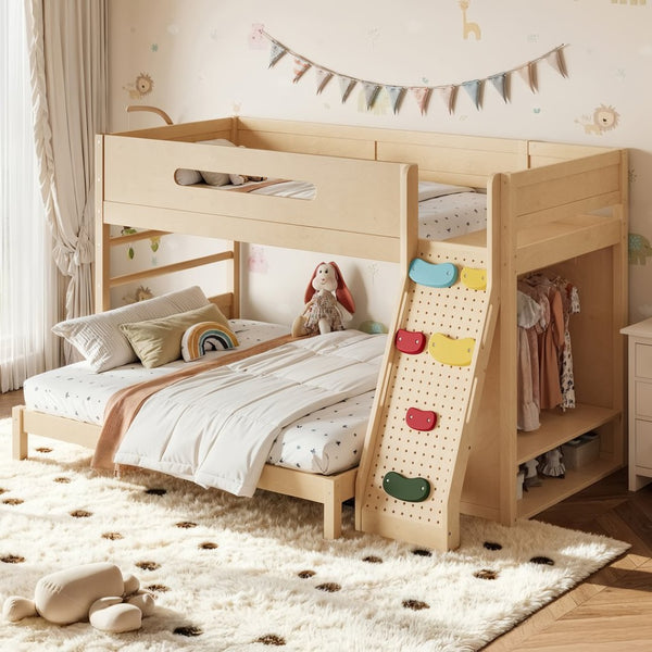 English Elm Twin Xl Over Queen Bunk Bed Pine Wood Frame Rock Climbing Ladder Wardrobe Storage Natural W5305S00140