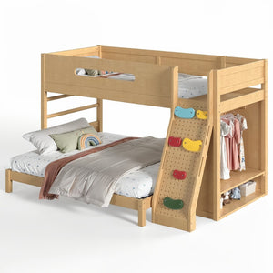 English Elm Twin Xl Over Queen Bunk Bed Pine Wood Frame Rock Climbing Ladder Wardrobe Storage Natural W5305S00140
