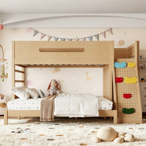 English Elm Twin Xl Over Queen Bunk Bed Pine Wood Frame Rock Climbing Ladder Wardrobe Storage Natural W5305S00140