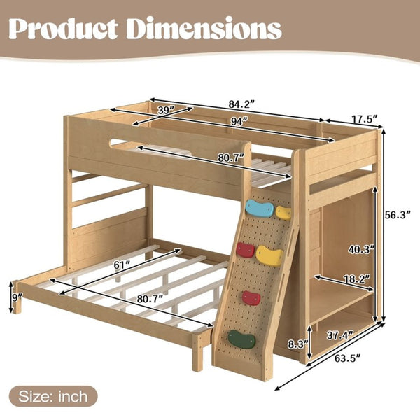 English Elm Twin Xl Over Queen Bunk Bed Pine Wood Frame Rock Climbing Ladder Wardrobe Storage Natural W5305S00140