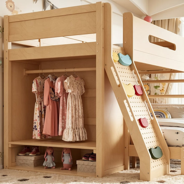 English Elm Twin Xl Over Queen Bunk Bed Pine Wood Frame Rock Climbing Ladder Wardrobe Storage Natural W5305S00140