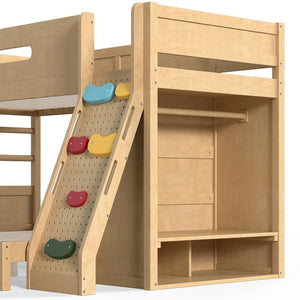 English Elm Twin Xl Over Queen Bunk Bed Pine Wood Frame Rock Climbing Ladder Wardrobe Storage Natural W5305S00140