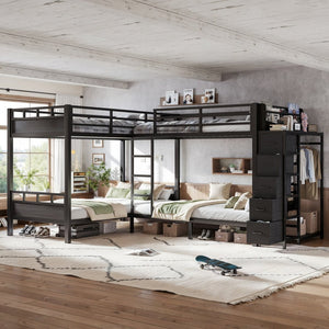 English Elm Quad Twin Metal Bunk Bed with Wardrobe Five Drawers and Shelf for Shared Rooms W5305S00143