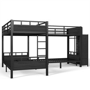English Elm Quad Twin Metal Bunk Bed with Wardrobe Five Drawers and Shelf for Shared Rooms W5305S00143