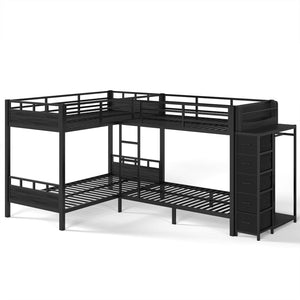 English Elm Quad Twin Metal Bunk Bed with Wardrobe Five Drawers and Shelf for Shared Rooms W5305S00143