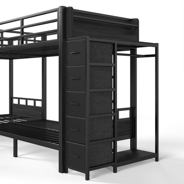 English Elm Quad Twin Metal Bunk Bed with Wardrobe Five Drawers and Shelf for Shared Rooms W5305S00143