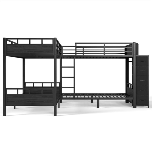 English Elm Quad Twin Metal Bunk Bed with Wardrobe Five Drawers and Shelf for Shared Rooms W5305S00143