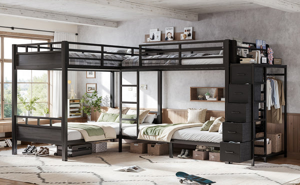 English Elm Quad Twin Metal Bunk Bed with Wardrobe Five Drawers and Shelf for Shared Rooms W5305S00143