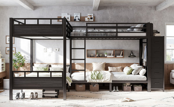 English Elm Quad Twin Metal Bunk Bed with Wardrobe Five Drawers and Shelf for Shared Rooms W5305S00143