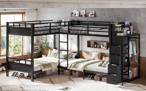 English Elm Quad Twin Metal Bunk Bed with Wardrobe Five Drawers and Shelf for Shared Rooms W5305S00143