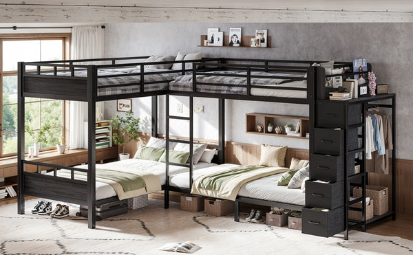 English Elm Quad Twin Metal Bunk Bed with Wardrobe Five Drawers and Shelf for Shared Rooms W5305S00143