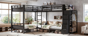 English Elm Quad Twin Metal Bunk Bed with Wardrobe Five Drawers and Shelf for Shared Rooms W5305S00143