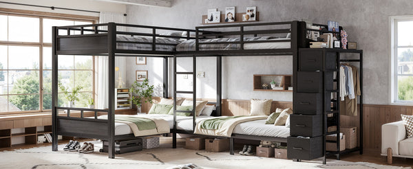 English Elm Quad Twin Metal Bunk Bed with Wardrobe Five Drawers and Shelf for Shared Rooms W5305S00143