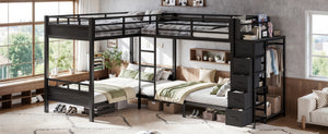 English Elm Quad Twin Metal Bunk Bed with Wardrobe Five Drawers and Shelf for Shared Rooms W5305S00143
