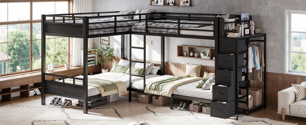 English Elm Quad Twin Metal Bunk Bed with Wardrobe Five Drawers and Shelf for Shared Rooms W5305S00143