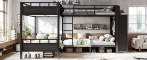 English Elm Quad Twin Metal Bunk Bed with Wardrobe Five Drawers and Shelf for Shared Rooms W5305S00143