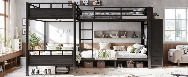 English Elm Quad Twin Metal Bunk Bed with Wardrobe Five Drawers and Shelf for Shared Rooms W5305S00143