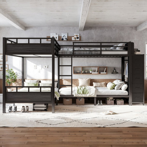 English Elm Quad Twin Metal Bunk Bed with Wardrobe Five Drawers and Shelf for Shared Rooms W5305S00143
