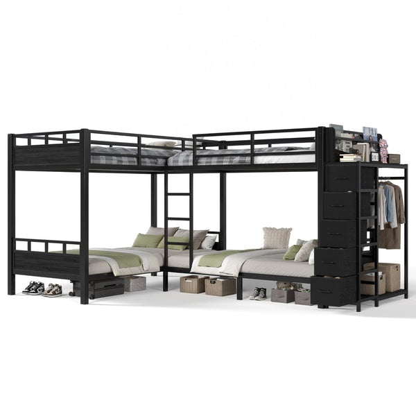 English Elm Quad Twin Metal Bunk Bed with Wardrobe Five Drawers and Shelf for Shared Rooms W5305S00143