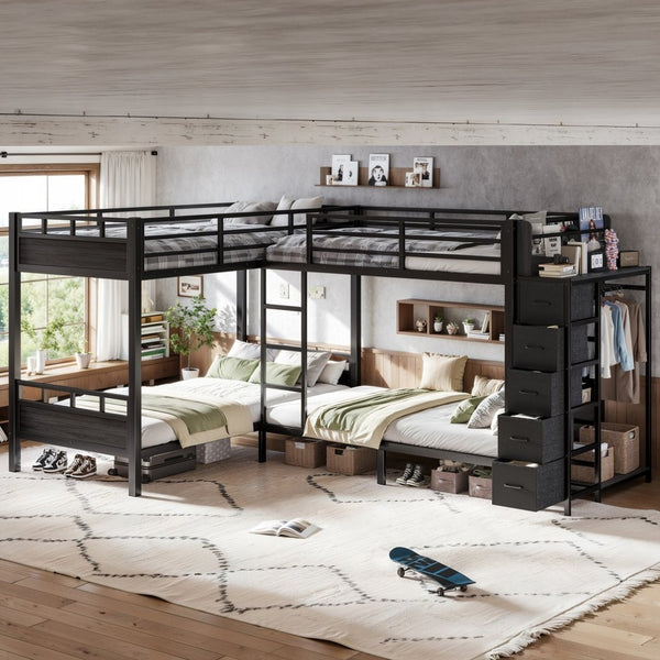 English Elm Quad Twin Metal Bunk Bed with Wardrobe Five Drawers and Shelf for Shared Rooms W5305S00143