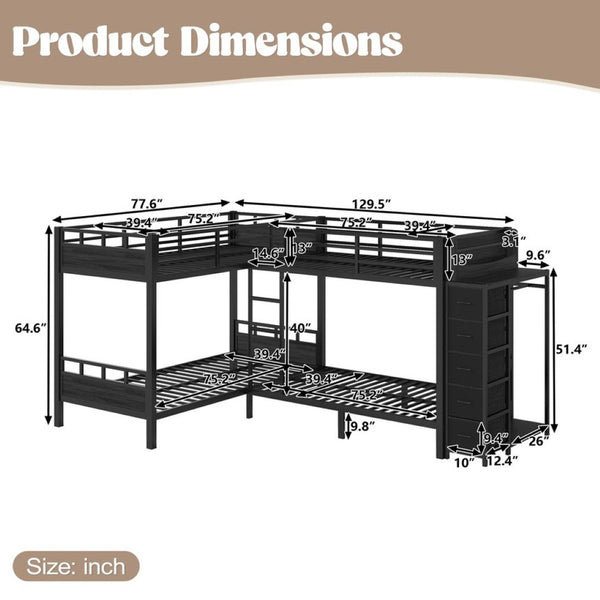 English Elm Quad Twin Metal Bunk Bed with Wardrobe Five Drawers and Shelf for Shared Rooms W5305S00143