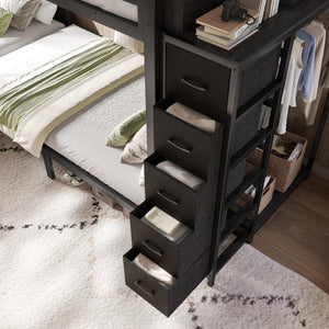 English Elm Quad Twin Metal Bunk Bed with Wardrobe Five Drawers and Shelf for Shared Rooms W5305S00143