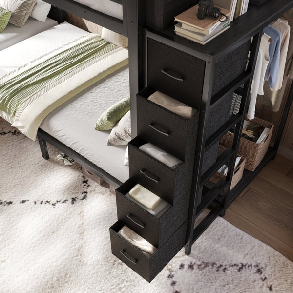 English Elm Quad Twin Metal Bunk Bed with Wardrobe Five Drawers and Shelf for Shared Rooms W5305S00143
