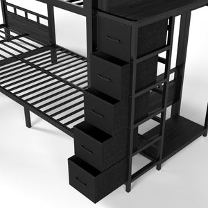 English Elm Quad Twin Metal Bunk Bed with Wardrobe Five Drawers and Shelf for Shared Rooms W5305S00143