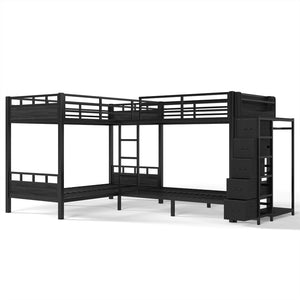 English Elm Quad Twin Metal Bunk Bed with Wardrobe Five Drawers and Shelf for Shared Rooms W5305S00143