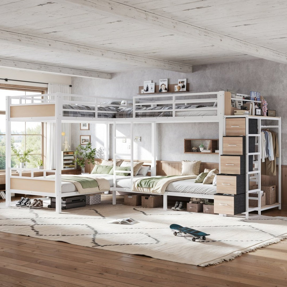 English Elm Quad Twin Bunk Bed with Wardrobe Drawers and Shelves for Shared Kids Rooms W5305S00144