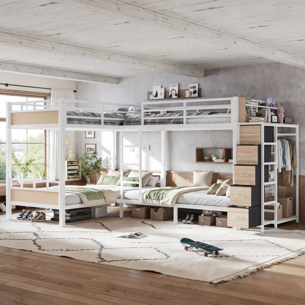 English Elm Quad Twin Bunk Bed with Wardrobe Drawers and Shelves for Shared Kids Rooms W5305S00144