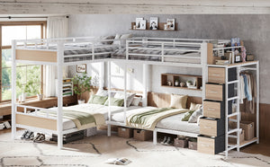 English Elm Quad Twin Bunk Bed with Wardrobe Drawers and Shelves for Shared Kids Rooms W5305S00144