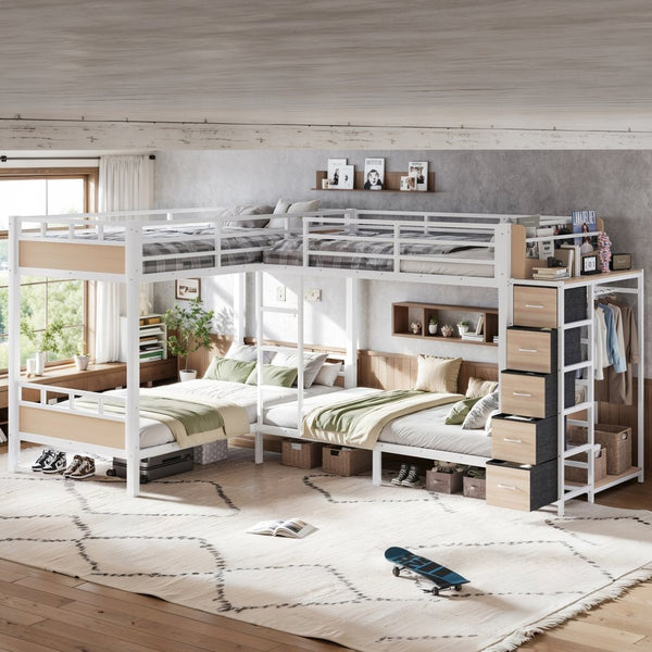 English Elm Quad Twin Bunk Bed with Wardrobe Drawers and Shelves for Shared Kids Rooms W5305S00144