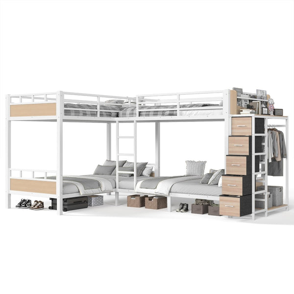 English Elm Quad Twin Bunk Bed with Wardrobe Drawers and Shelves for Shared Kids Rooms W5305S00144