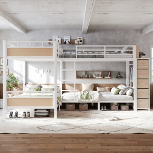 English Elm Quad Twin Bunk Bed with Wardrobe Drawers and Shelves for Shared Kids Rooms W5305S00144