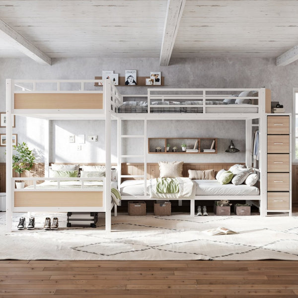 English Elm Quad Twin Bunk Bed with Wardrobe Drawers and Shelves for Shared Kids Rooms W5305S00144