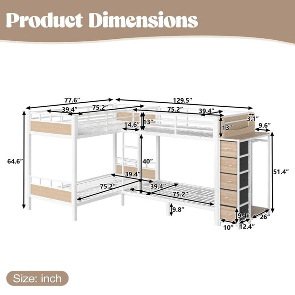 English Elm Quad Twin Bunk Bed with Wardrobe Drawers and Shelves for Shared Kids Rooms W5305S00144