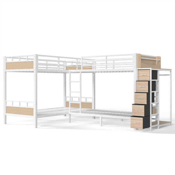 English Elm Quad Twin Bunk Bed with Wardrobe Drawers and Shelves for Shared Kids Rooms W5305S00144