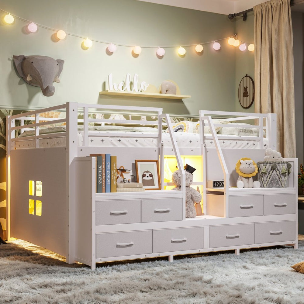 English Elm Full Low Loft Bed with Storage Stairs Fabric Drawers Built-in Lights White Frame W5305S00145