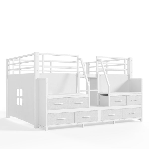 English Elm Full Low Loft Bed with Storage Stairs Fabric Drawers Built-in Lights White Frame W5305S00145