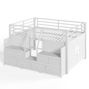 English Elm Full Low Loft Bed with Storage Stairs Fabric Drawers Built-in Lights White Frame W5305S00145
