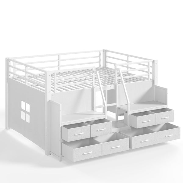 English Elm Full Low Loft Bed with Storage Stairs Fabric Drawers Built-in Lights White Frame W5305S00145