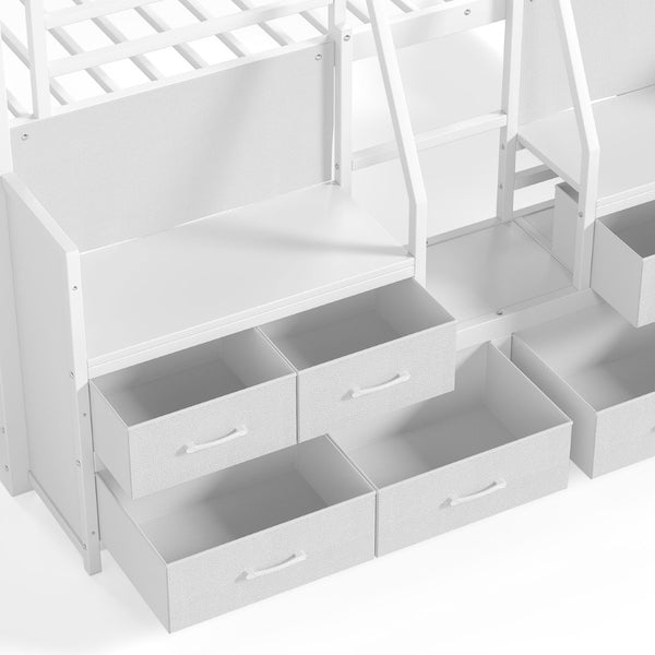 English Elm Full Low Loft Bed with Storage Stairs Fabric Drawers Built-in Lights White Frame W5305S00145