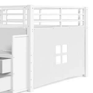 English Elm Full Low Loft Bed with Storage Stairs Fabric Drawers Built-in Lights White Frame W5305S00145
