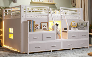 English Elm Full Low Loft Bed with Storage Stairs Fabric Drawers Built-in Lights White Frame W5305S00145